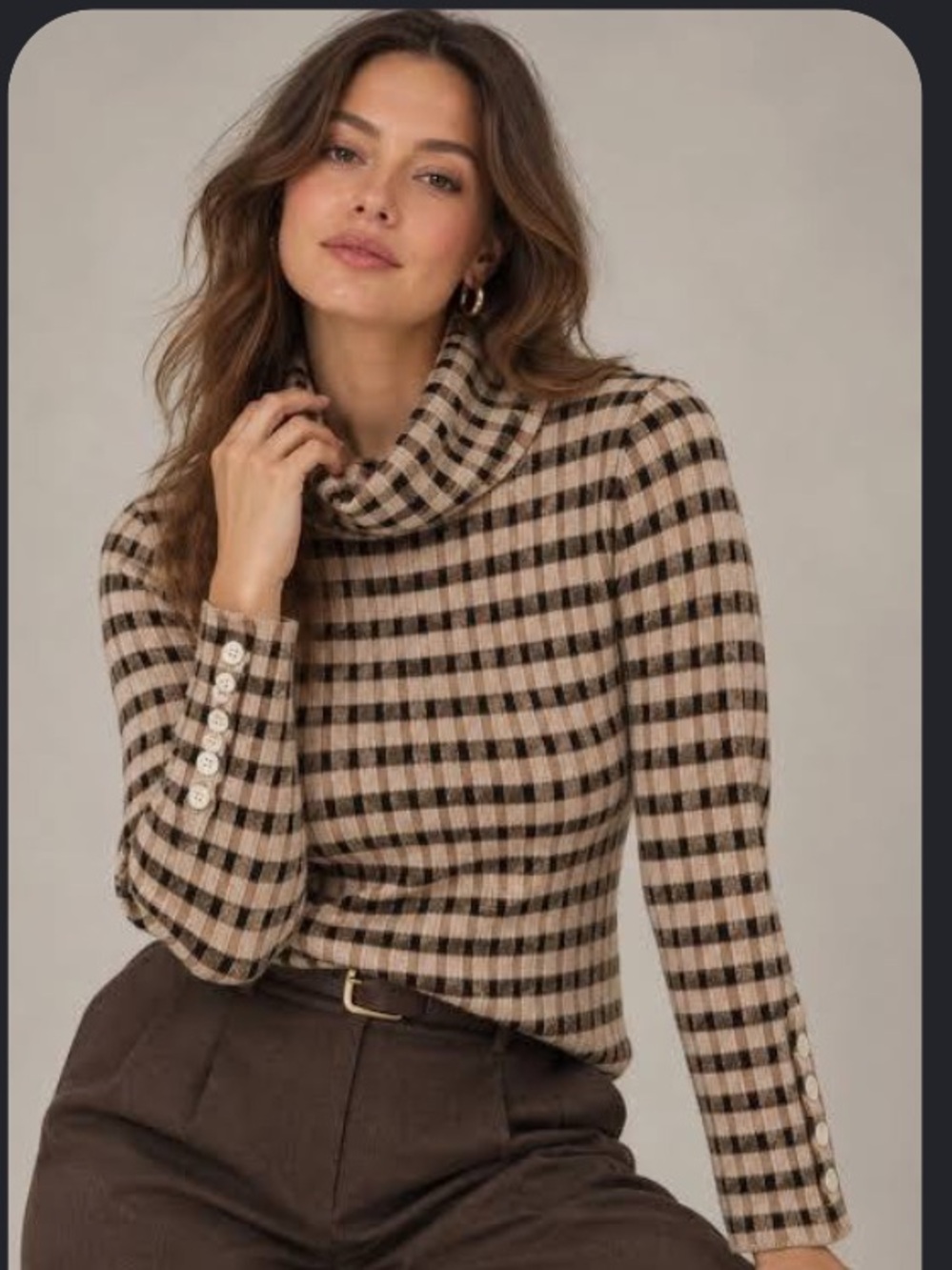 Anthropologie Beige and Black Plaid Cowl-Neck Pullover